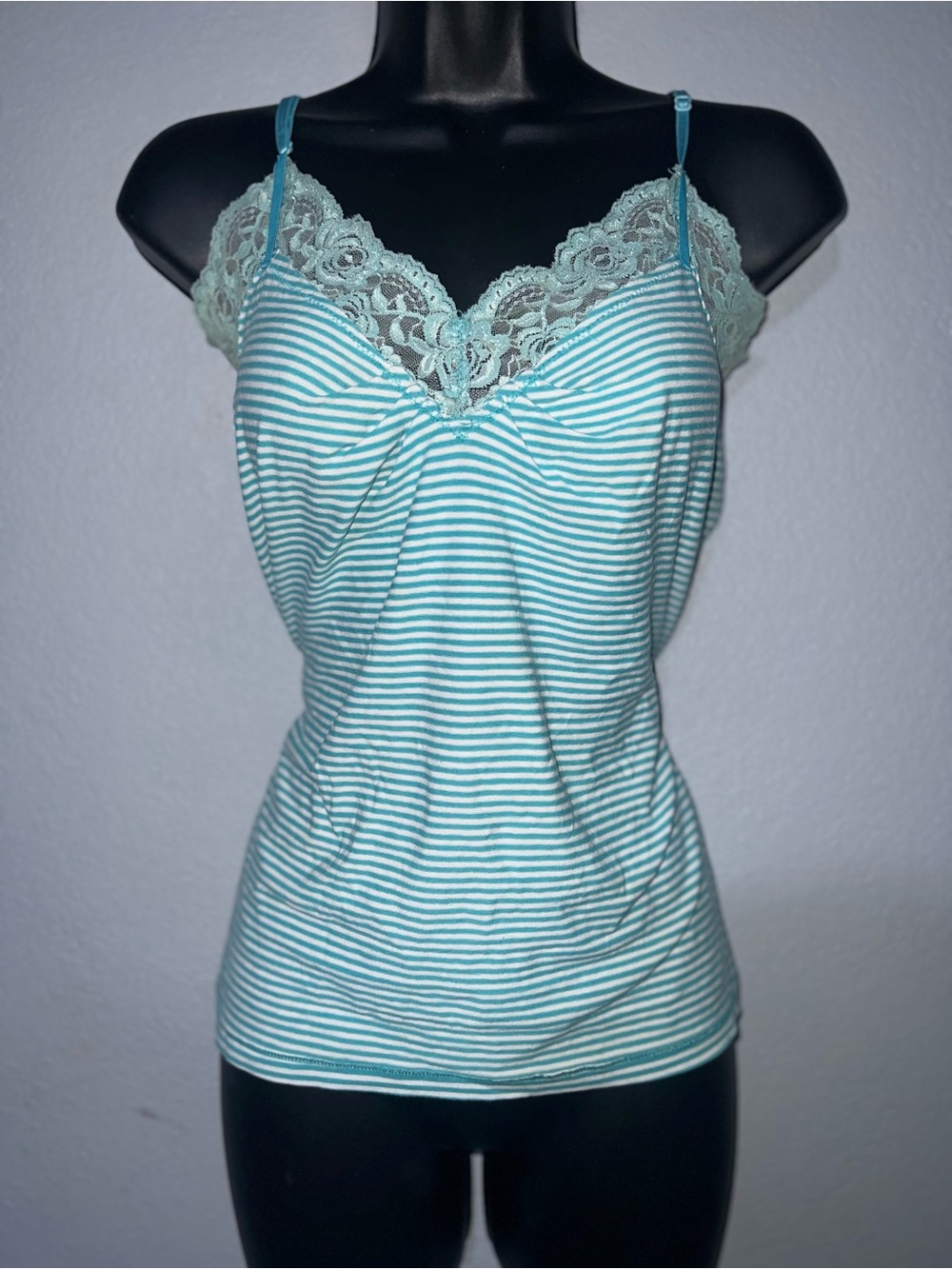 Old Navy Mint and White Striped Lace-Trim Cami